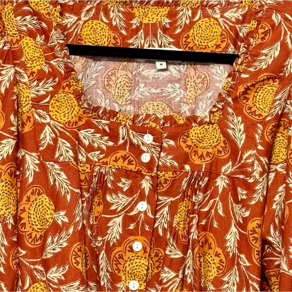 Rachel Zoe Linen Puff Sleeve Button Front Ruffle Square Neckline Blouse Medium - Picture 2 of 12